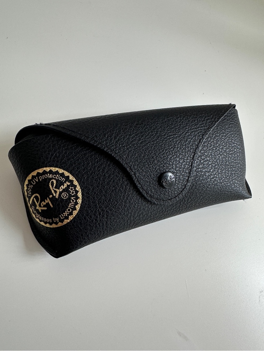 Ray-Ban Black Leather-Like Sunglasses Case, Gold Logo, Partial Hard Shell